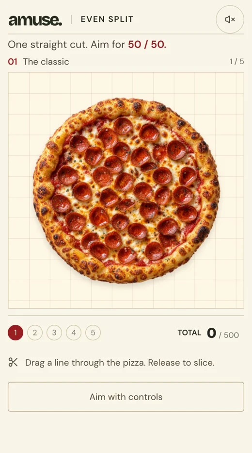 Even Split: one straight cut through a pepperoni pizza