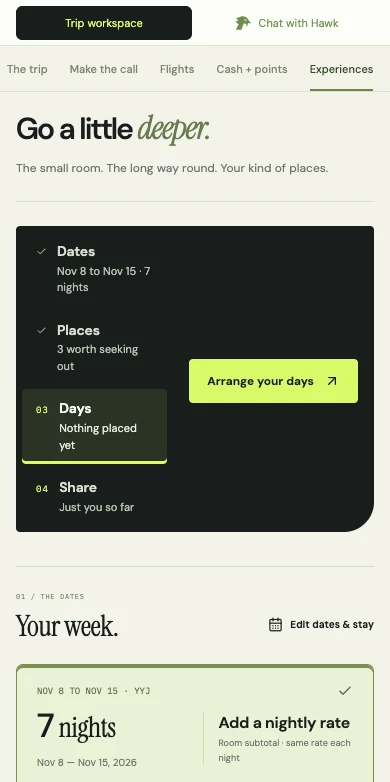 FlightHawk's trip workspace on a phone: Go a little deeper, with dates, places, days and share