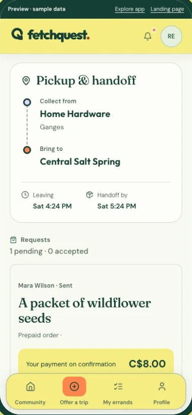 FetchQuest's pickup and handoff screen: Home Hardware, Ganges to Central Salt Spring