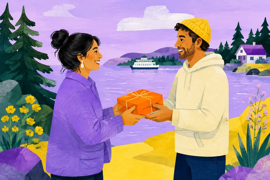 Two neighbours handing over a parcel, the Salt Spring ferry behind them