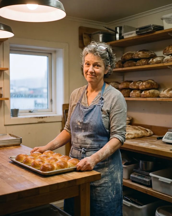 The baker holding a tray of fresh buns