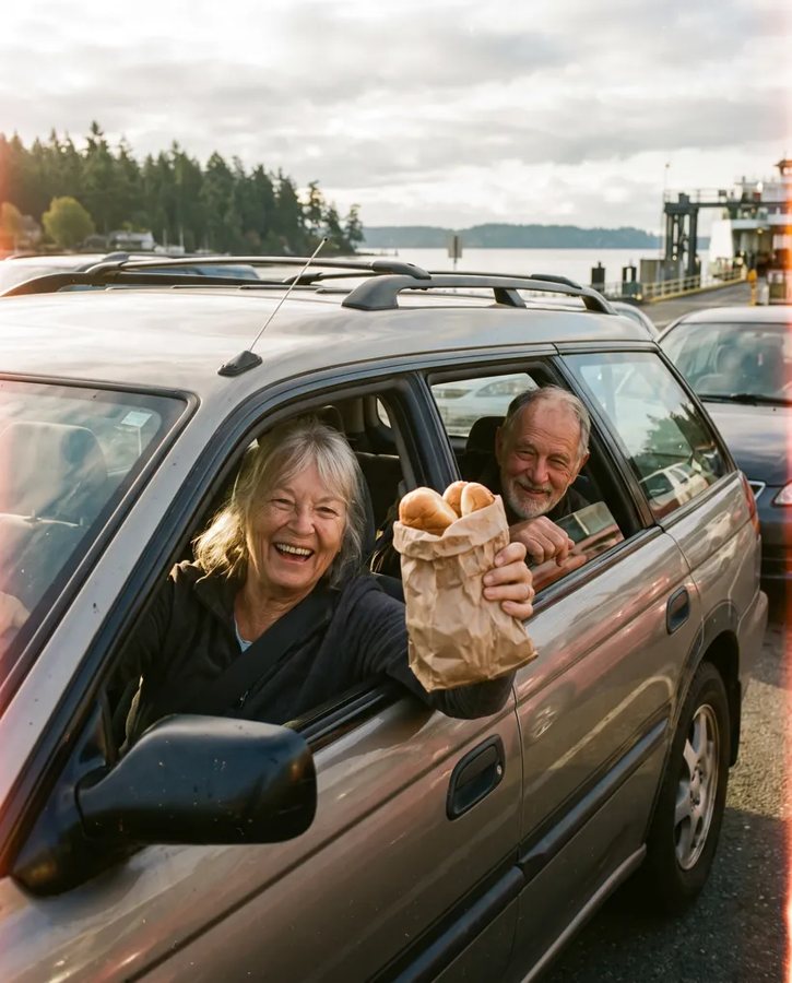 Two people waving paper bags from a car in the ferry line