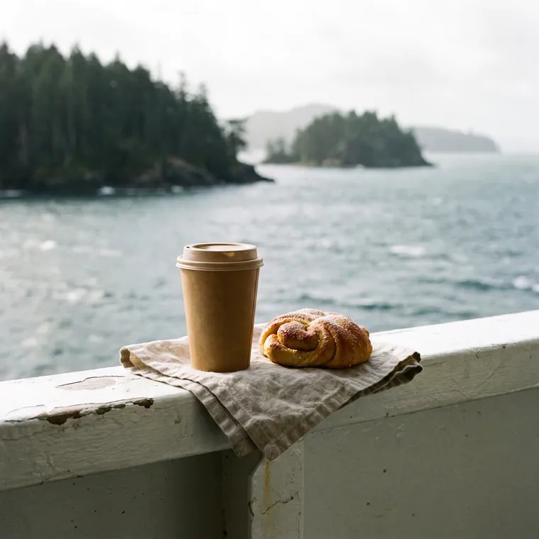 A coffee and a bun on the ferry rail