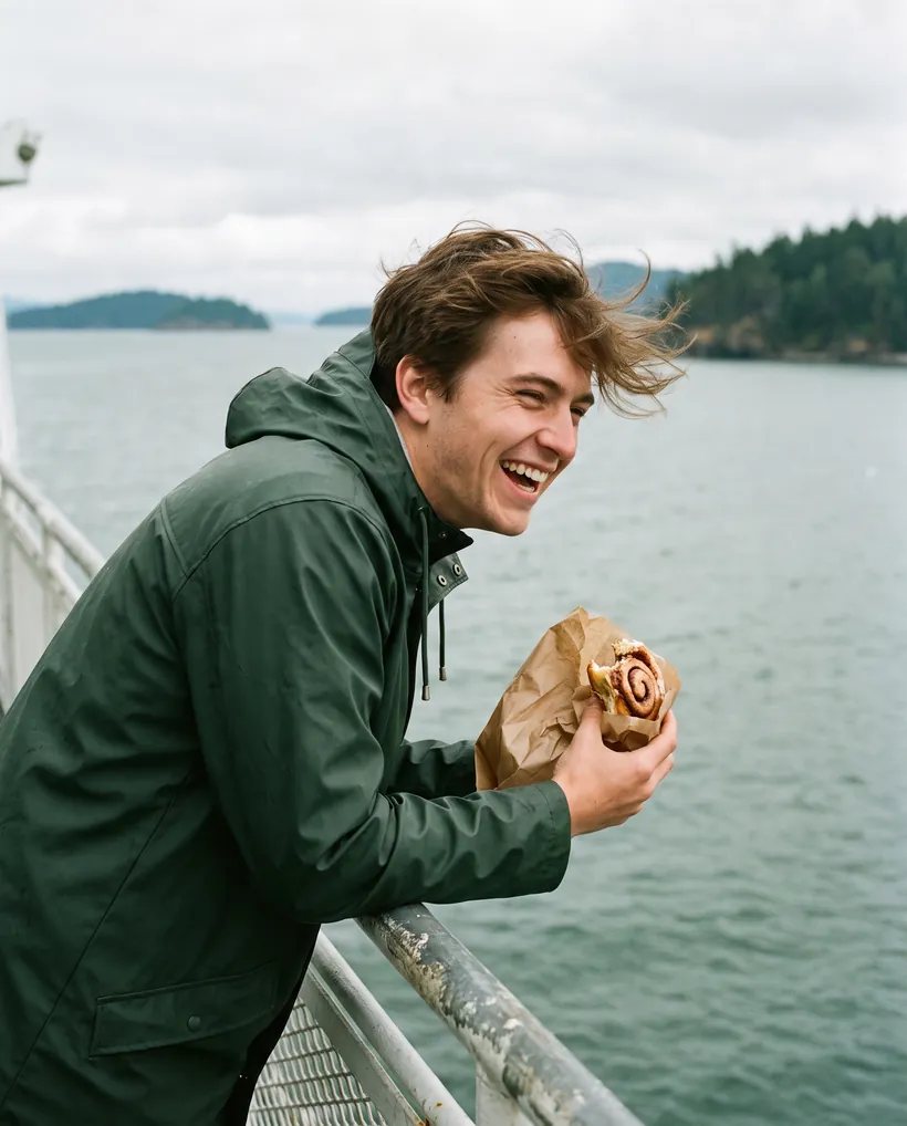 A man laughing on the ferry deck with a bun