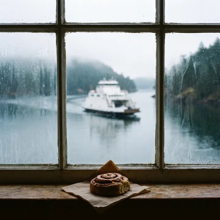 The ferry seen through the bakery window