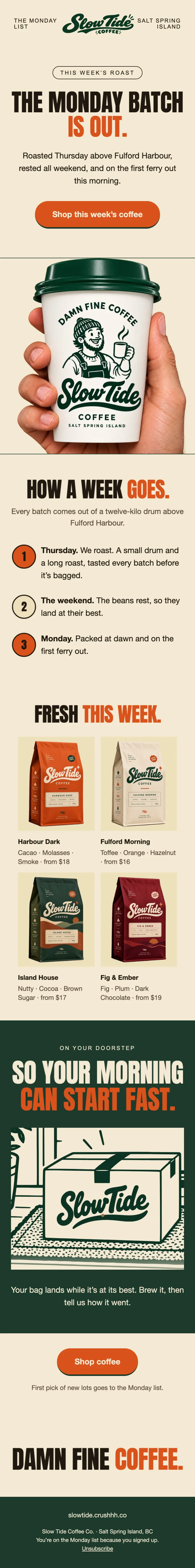 The Slow Tide Monday email, top to bottom