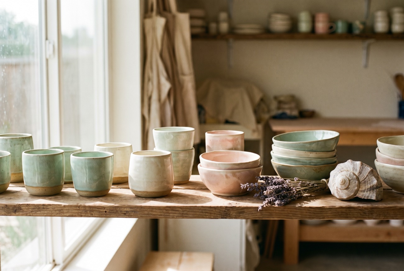 A shelf of finished coastal stoneware drying in the studio