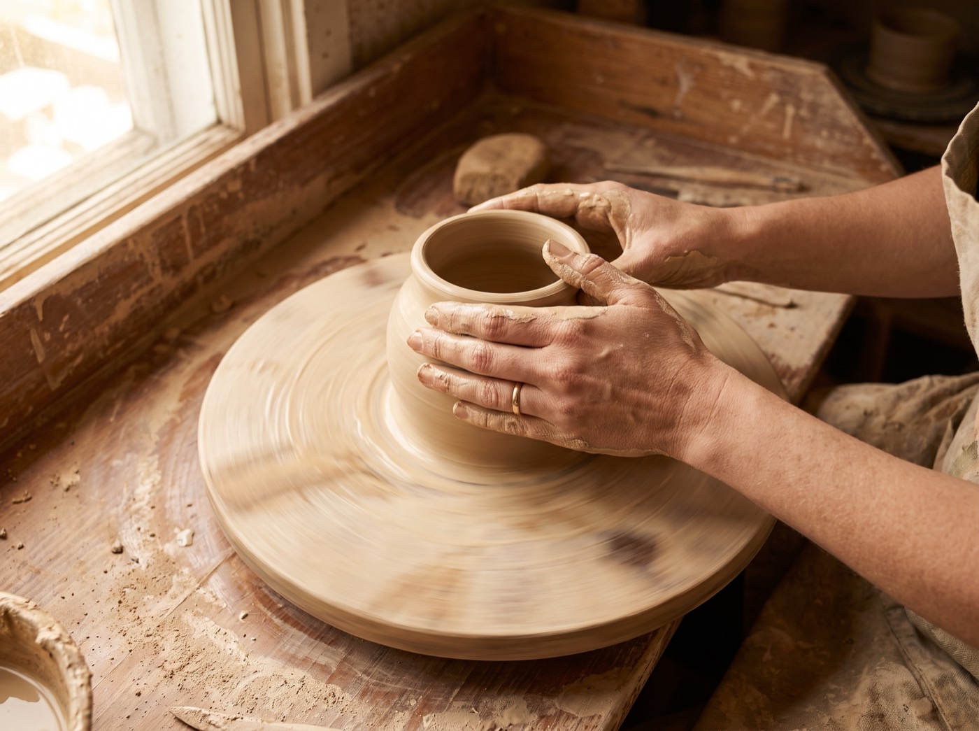 At the pottery wheel, shaping wet clay