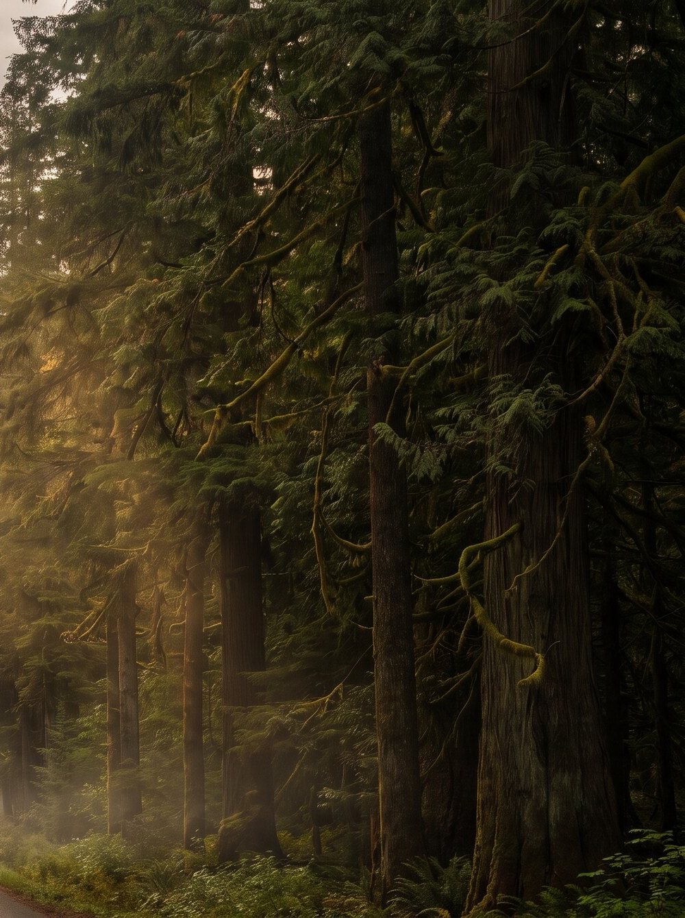 Tall trunks rising into morning mist