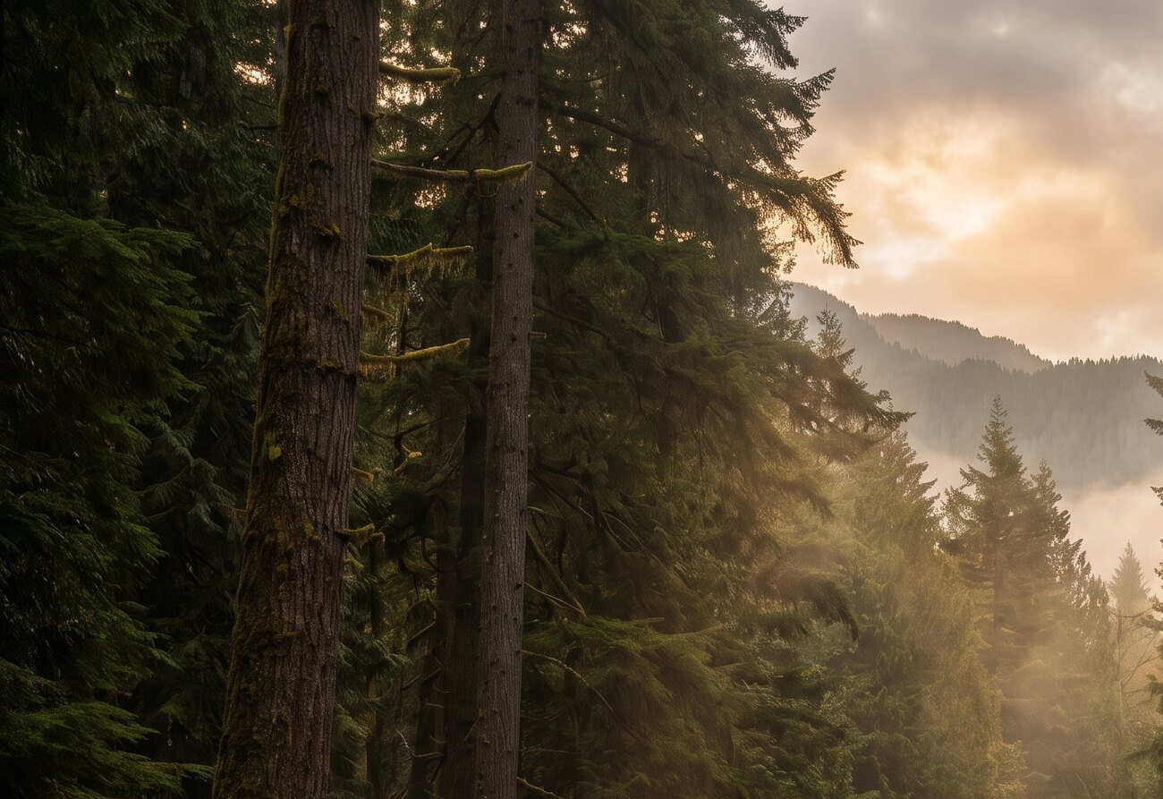 Mossy cedar trunks in soft forest light
