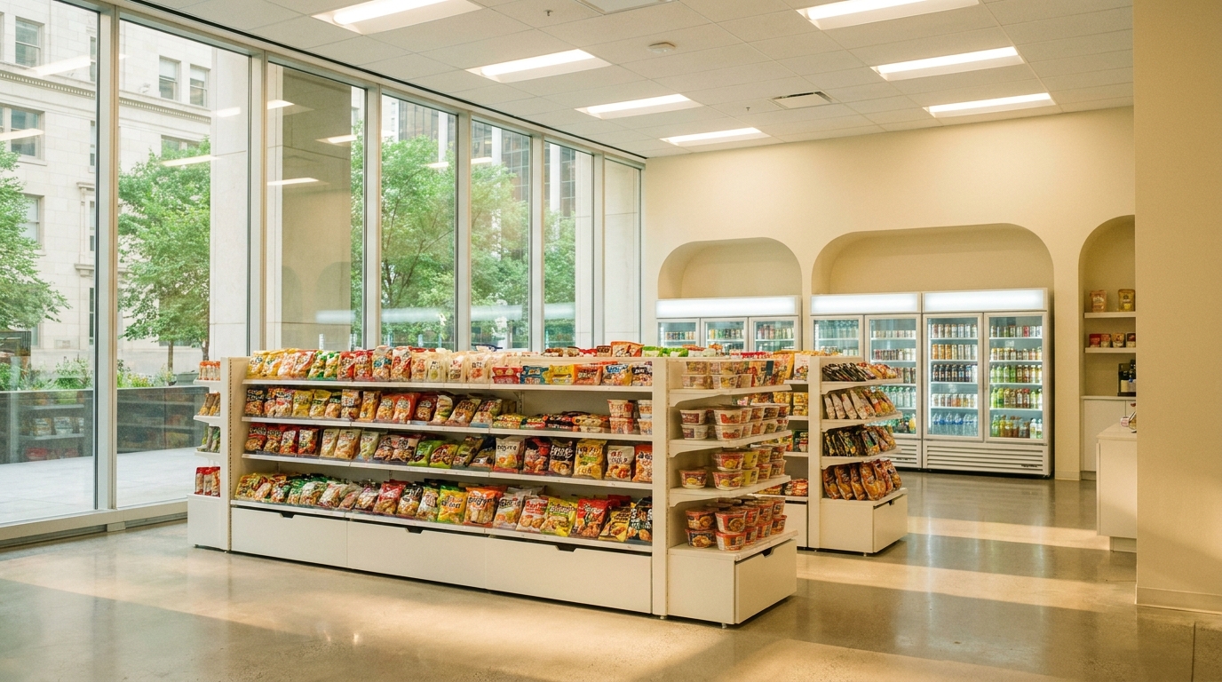 Bright konbini shelves of snacks under tall windows, glass-door drink fridges behind
