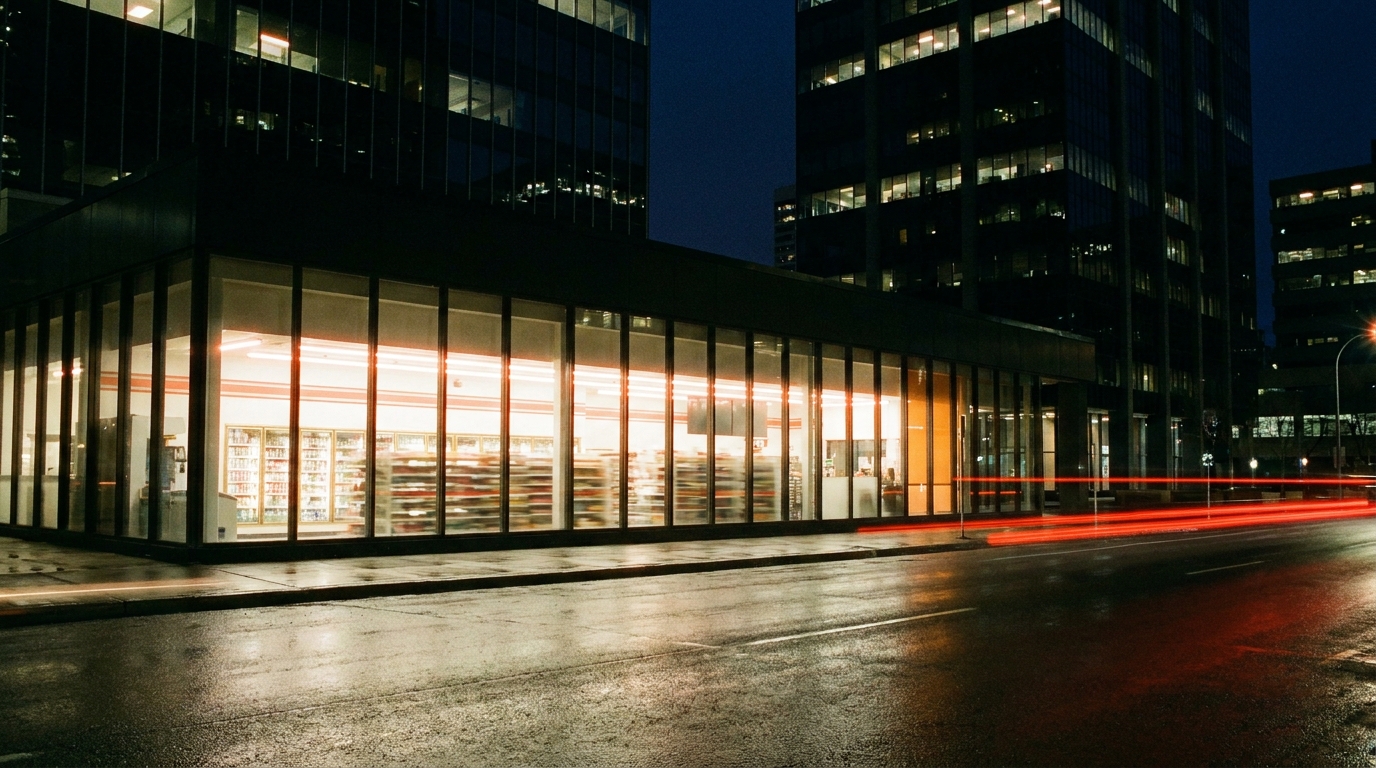 A lit shopfront on a downtown street at night
