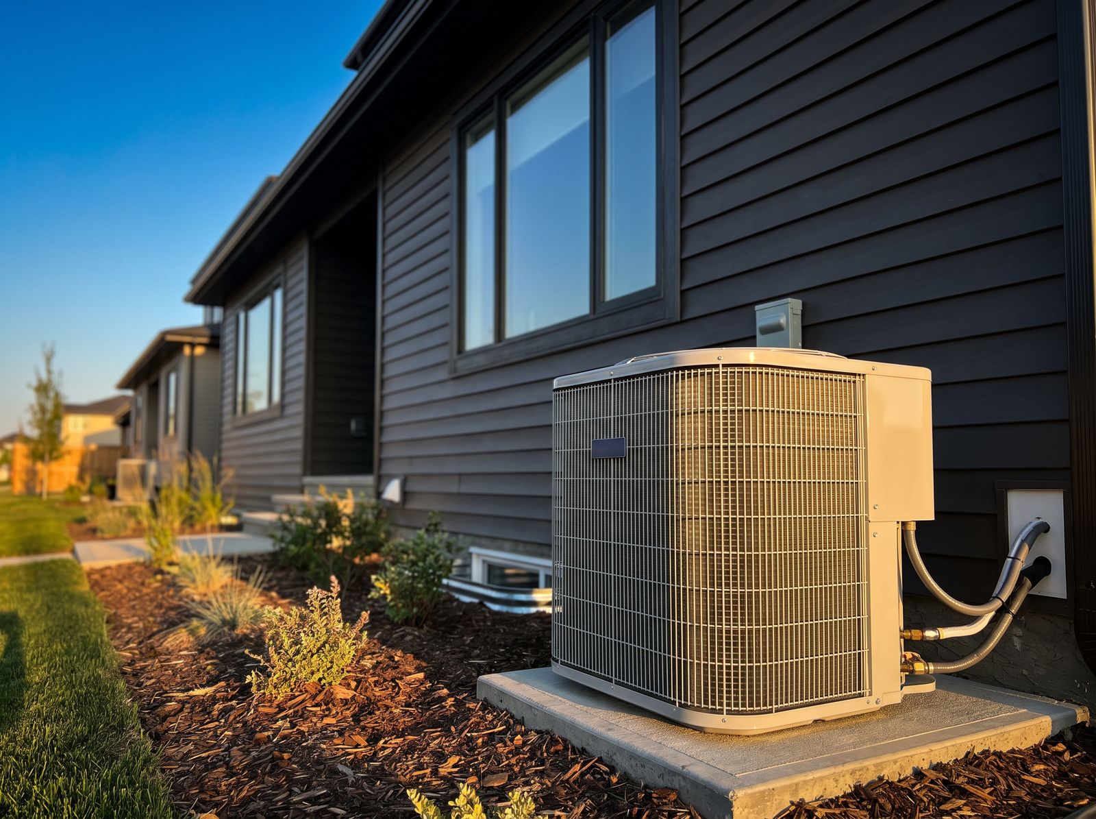 High-efficiency AC condenser professionally installed beside a modern Calgary home at golden hour