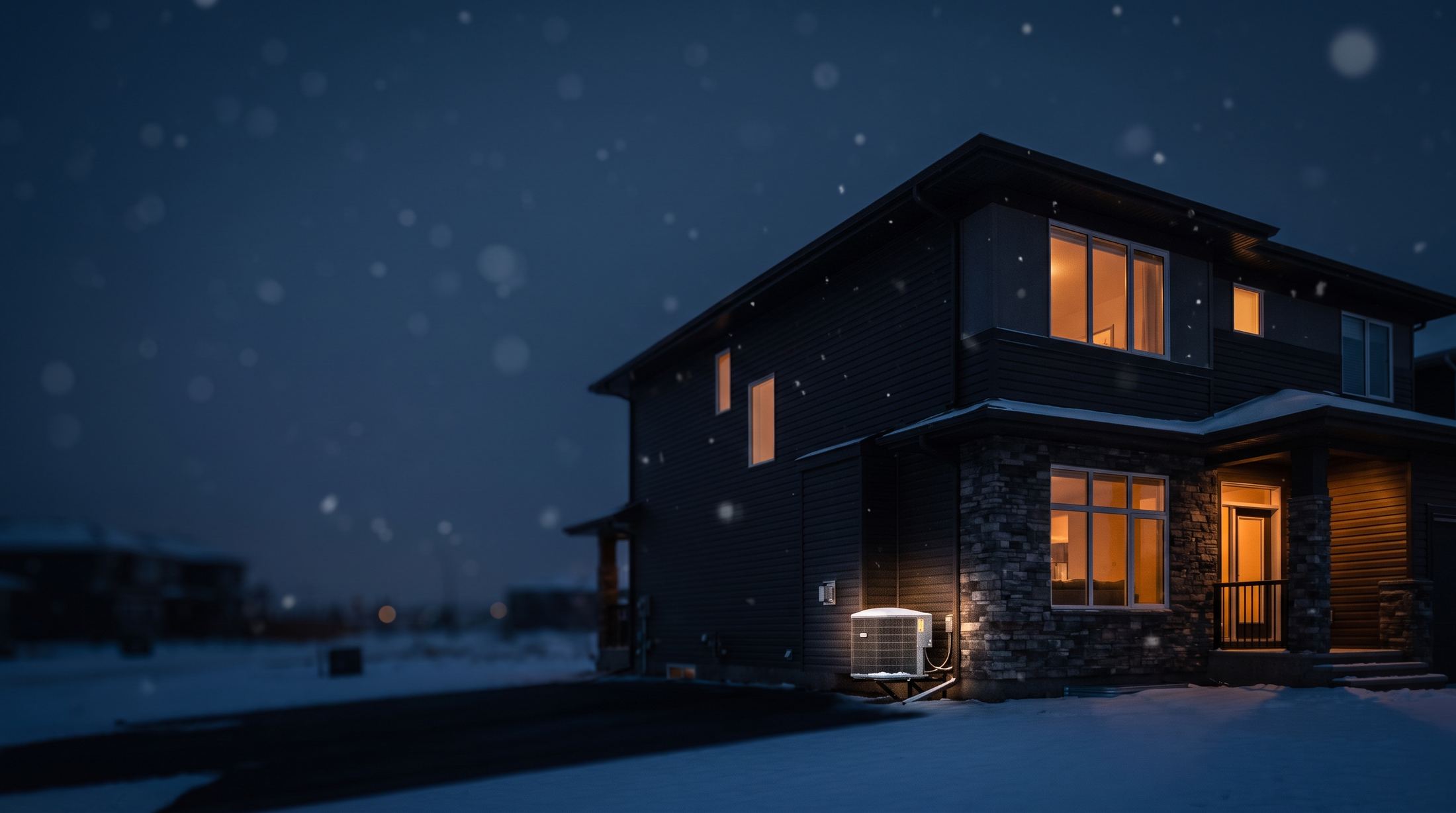 A modern Calgary home lit warm on a snowy blue-hour evening