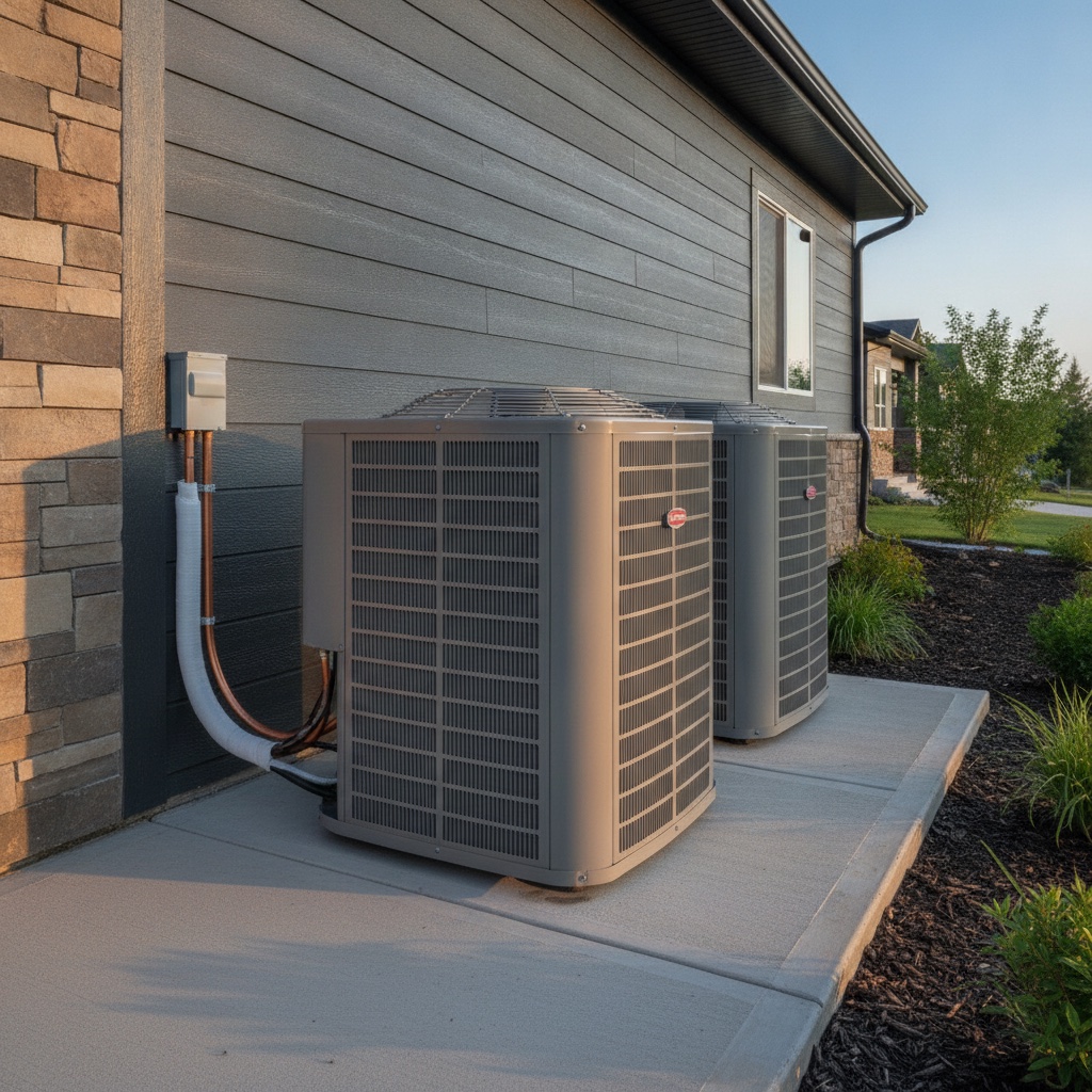 Two high-efficiency AC condensers on a concrete pad beside a modern Calgary home